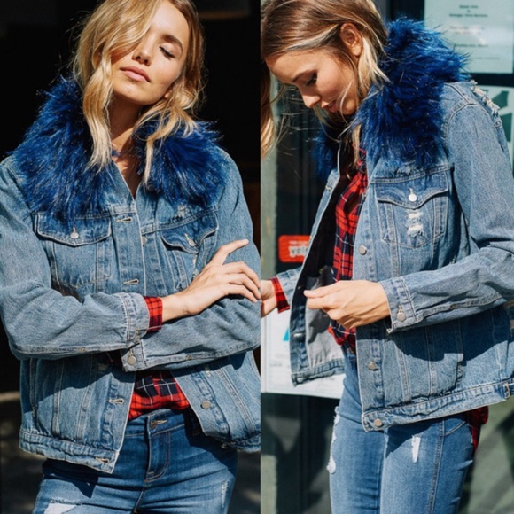 blue fur Chic Distressed denim jean jacket - Picture 2 of 3